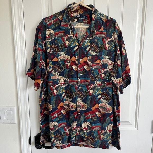 Polo Ralph Lauren Mens Postcard AOP Short Sleeve Button Down Large VTG 90s rayon - Picture 2 of 5